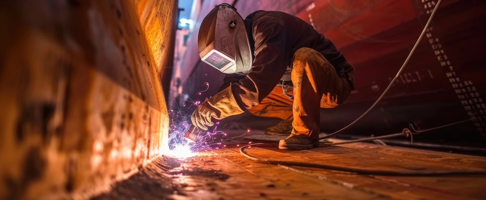 Welder in a protective helmet welding a steel vessel shell
